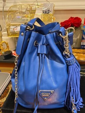 GUESS Royal Blue Drawstring Bucket Bag with Tassel
